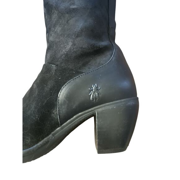 Women 40 Fly London Black Leather Knee-High Heeled Boots Brushed Suede - Picture 7 of 9